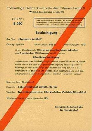 Bescheinigung der Freiwilligen Selbstkontrolle der Filmwirtschaft