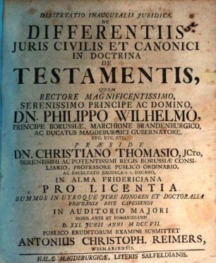 Dissertatio inauguralis iuridica de differentiis iuris civilis et canonici in doctrina de testamentis