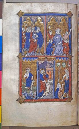 Ganzseitige Miniatur: Geburt Christi, Verkündigung an die Hirten, Gefangennahme Christi, Christus vor dem Hohepriester Kaiphas