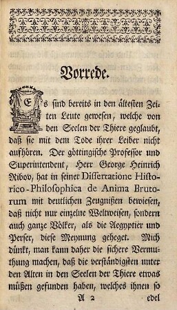 Philosophische Untersuchung der Frage, Ob die Seelen der Thiere mit ihren Leibern sterben? : in einer Gesellschaft guter Freunde angestellet