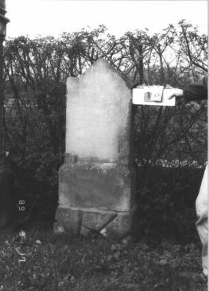 Grabstein 18 (Index: 99808559) Zustand: vollständig verwittert, Vorderseite mit Zement geglättet Maße HxBxT: 142x57x23 cm Beschreibung: Stele, getreppter Sockel, eingezogener giebelartiger Abschluß mit Ohren: Grabstein 18
