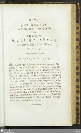 XXVII. Zwo Predigten bei Gelegenheit der Geburt des Erbprinzen Carl Friedrich von Sachsen-Weimar und Eisenach 1783