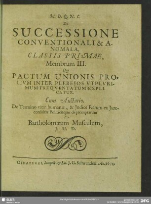 De Successione Conventionali & Anomala, Classis Primae, Membrum III.