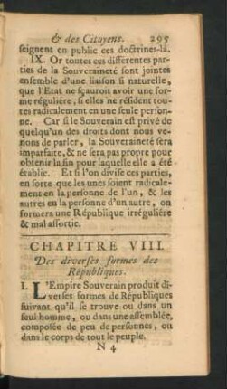 Chapitre VIII. Des diverses formes des Republiques.