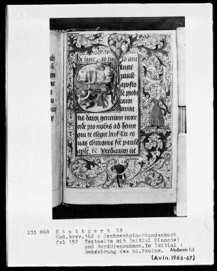 Lateinisches Stundenbuch (Sachsenheim-Gebetbuch) — Textseite mit historisierter Initiale und Drolerien, Folio 152recto