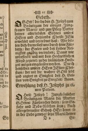 Gebeth. - Erwehlung deß H. Josephs zu einem Patron.