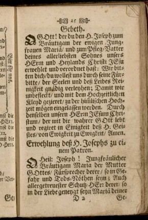 Gebeth. - Erwehlung deß H. Josephs zu einem Patron.