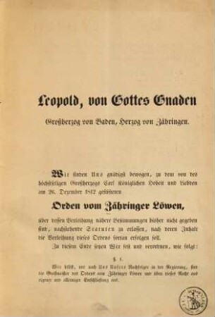 Statuten des Großherzoglich Badischen Ordens vom Zähringer Löwen