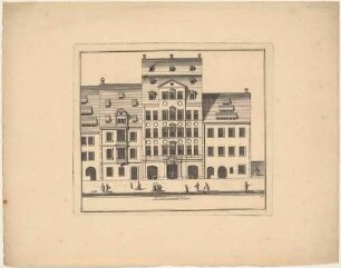 Das Haus Heidenreich in der Petersstraße 21 in Leipzig, Fassade mit Staffage, Blatt 13 aus einer Reihe Leipziger Wohnhäuser und Palais’
