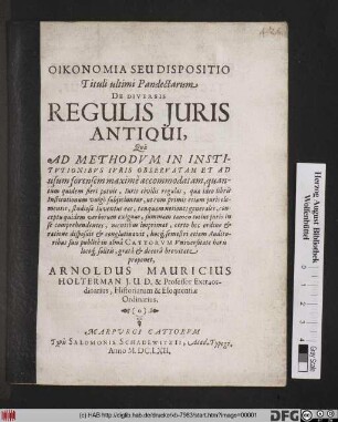 Oikonomia Seu Dispositio Tituli ultimi Pandectarum De Diversis Regulis Iuris Antiqui