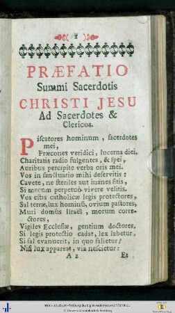 Praefatio summi sacerdotis Christi Jesu ad sacerdotes [et] clericos.