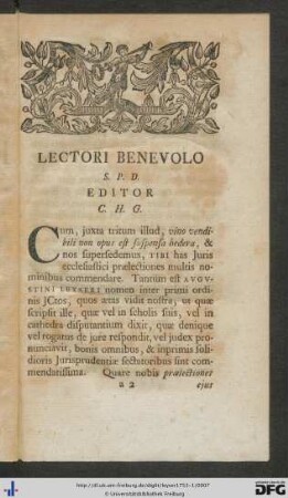 Lectori Benevolo S. P. D. Editor C. H. G.