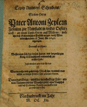 Copey Antwortschreibens an einen Landherrn auß Mähren