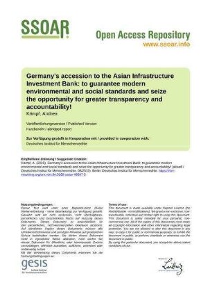 Germany's accession to the Asian Infrastructure Investment Bank: to guarantee modern environmental and social standards and seize the opportunity for greater transparency and accountability!