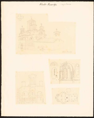 Kloster Ravanitza: Perspektivische Ansicht der fünfkuppeligen Kirche im Moravastil, Querschnitt mit Fresken, zwei Details Fenster und Grundriss (vier Blätter)