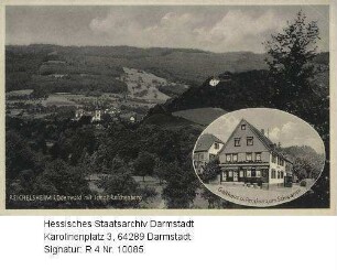 Reichelsheim im Odenwald, Panorama / unten rechts in Medaillon: Ansicht von Gasthaus und Pension 'Zum Schwanen' (Inhaber J. Treusch)