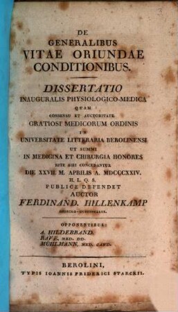 De generalibus vitae oriundae conditionibus : dissertatio inauguralis physiologico-medica