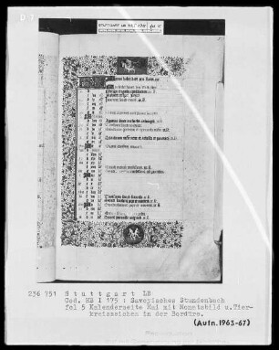 Liber horarum — Liturgisches Franziskanerkalendar, Folio 3recto-8verso — Buchseite Mai mit Monatsbild und Tierkreiszeichen in der Bordüre, Folio 5recto