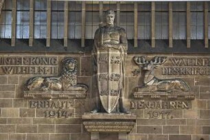 Schwäbischer Ritter mit den Wappentieren Hirsch und Löwe & Bauinschrift