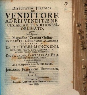 Disp. iur. de venditore ad rei venditae necessariam traditionem obligato