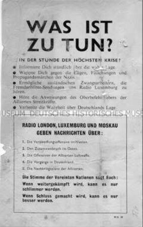 Abwurf-Flugblatt der Alliierten mit dem Aufruf, die alliierten Rundfunksendungen zu hören