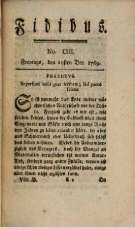 Fidibus : eine satyrische Monatsschrift. 8. Bündel, 1769 (1770), No. LXXXXI, 6. Okt. - CIII, 29. Dez.