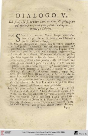 Dialogo V.: Gli studi che si devono fare avanti di principiare un‘ operazione, così pure sopre il Panegiamento, e Colorito
