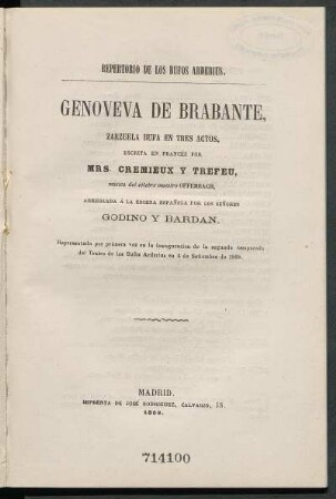Genoveva de Brabante : zarzuela bufa en tres actos