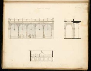Schaufenstereinrichtung (Basar) Monatskonkurrenz November 1869: Grundriss, Aufriss Straßenansicht, Querschnitt; Maßstabsleiste