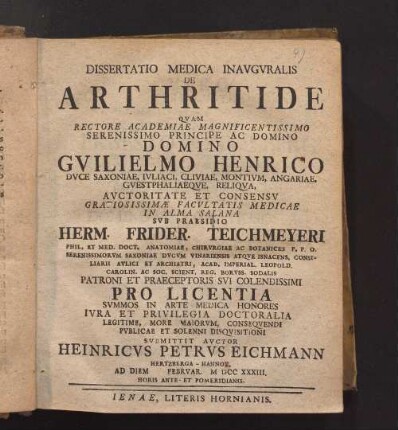 Dissertatio Medica Inavgvralis De Arthritide