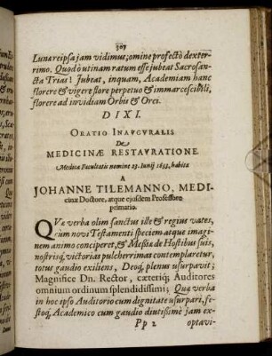 Oratio Inauguralis De Medicinae Restauratione