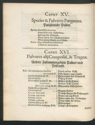 Caput XV. Species & Pulvers Purgantes. Purgierende Pulver.