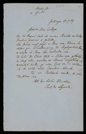 Nr. 10: Brief von Paul de Lagarde an Ignazio Guidi, in einer Abschrift von Anna de Lagarde, Göttingen, 28.9.1889