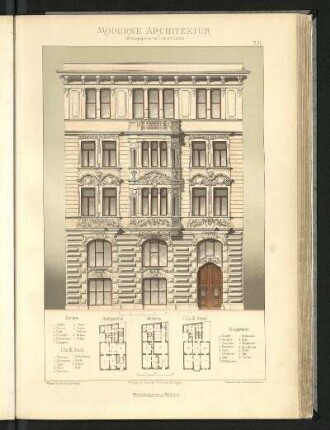 Wohnhaus in Wien. Wieser & Lotz, Architekten. Grundrisse Parterre, Hochparterre, 1., 2. u. 3. Stock