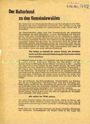 Aufruf des Kulturbundes zur demokratischen Erneuerung Deutschlands zu den Gemeindewahlen 1946