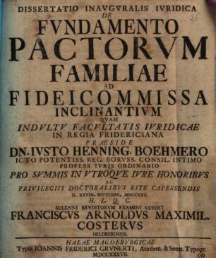 Diss. inaug. iur. de fundamento pactorum familiae ad fideicommissa inclinantium