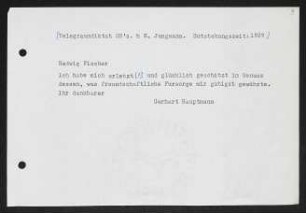 Brief von Gerhart Hauptmann an Hedwig Fischer