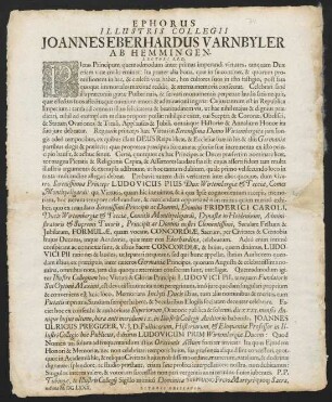 Ephorus Illustris Collegii Joannes Eberhardus Varnbyler Ab Hemmingen. Lectori S. P. D.
