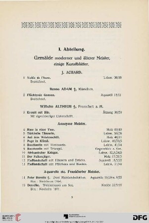 I. Abteilung: Gemälde moderner und älterer Meister, einige Kunstblätter (Nr. 1-160)
