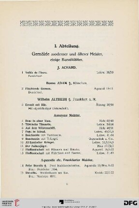 I. Abteilung: Gemälde moderner und älterer Meister, einige Kunstblätter (Nr. 1-160)