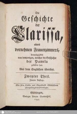 Zweyter Theil: Die Geschichte der Clarissa, eines vornehmen Frauenzimmers