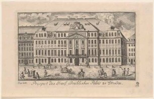 Das Brühlsche Palais in Dresden (1753 gebaut), Blick von der Augustusstraße, Teil einer Reihe Dresdner Stadtansichten und sächsischer Ortsansichten von Schlitterlau um 1770