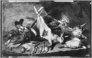 Stilleben mit einem Hasen : Cittadini, Pietro Francesco, genannt il Milanese (1616-1681). Stilleben mit einem Hasen. Leinwand, 0,805 x 1,30 m. Gemäldegalerie Alte Meister 385, Kriegsverlust