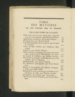 Table des matières qui sont contenues dans cet almanach
