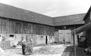 Neschwitz-Holscha. Ehem. Mühle, im Hof, Gerhard Domann beim Heuausbreiten