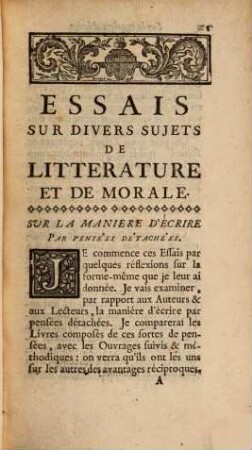 Essais sur divers sujets de Littérature et de Morale