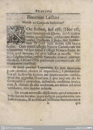 Benevolo Lectori Mentis ac Corporis fanitatem!