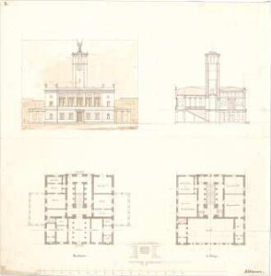 Bühlmann, Josef; Rathaus - Grundriss EG, Grundriss 1. OG, Ansicht, Querschnitt