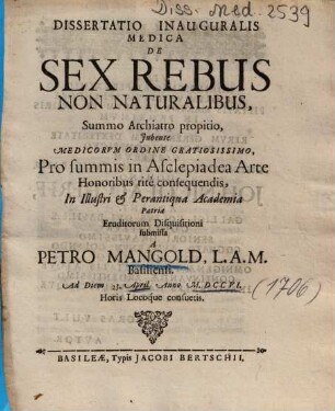 Dissertatio Inauguralis Medica De Sex Rebus Non Naturalibus