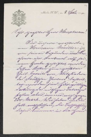 Brief von Otto Brahm an Gerhart Hauptmann, geschrieben von Unbekannt